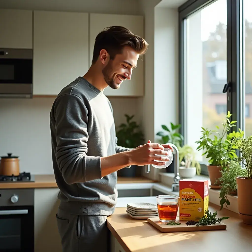 Boîte de thé belge avec des illustrations de plantes médicinales.